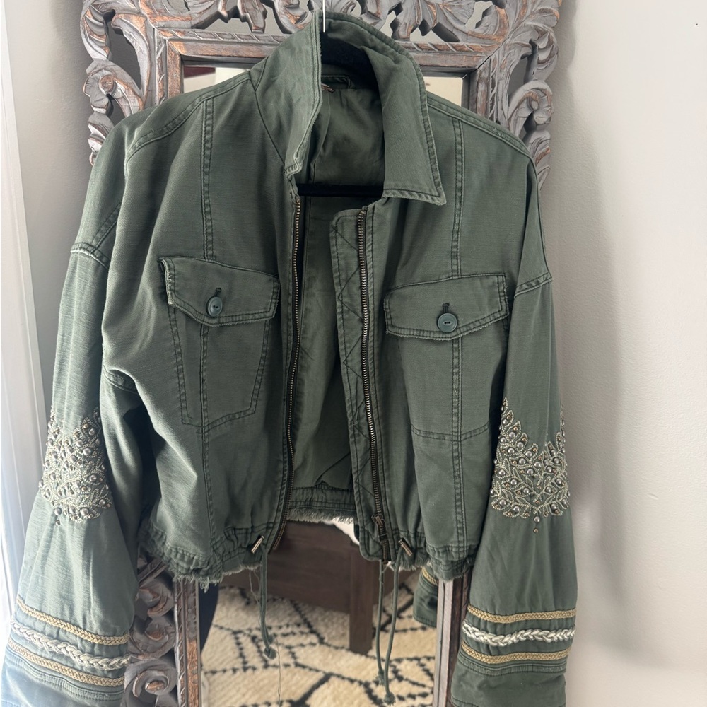 Free People Olive Utility Jacket with Embroidery